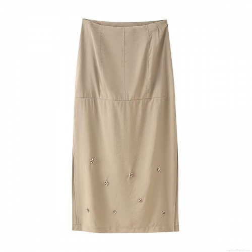 Women's Khaki Floral Bead Midi Skirt High Waist Side Split A-Line Polyester Skirt For Summer Streetwear Party Daily Elegant Decoration Skirt