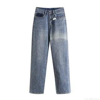 Women's Straight Leg Jeans Denim Pants With Contrast Pockets High Waist Streetwear Casual Washed Blue Trousers For Women
