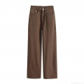 Women High Waist Wide Leg Jeans Solid Deep Brown Polyester Denim Straight Leg Loose Casual Streetwear Trousers With Pockets
