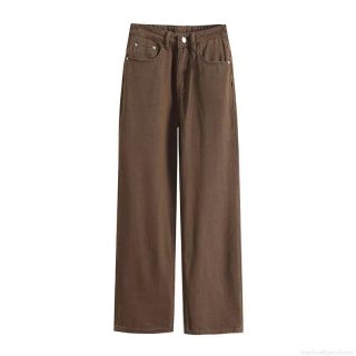 Women High Waist Wide Leg Jeans Solid Deep Brown Polyester Denim Straight Leg Loose Casual Streetwear Trousers With Pockets