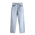 Women's Fashion Washed Denim Straight Leg Jeans With Contrast Side Stripes Street Style High Waist Long Denim Pants For Ladies