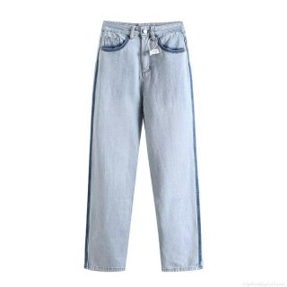 Women's Fashion Washed Denim Straight Leg Jeans With Contrast Side Stripes Street Style High Waist Long Denim Pants For Ladies