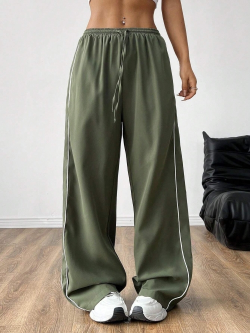 Women's Casual Wide Leg Pants Contrast Side Stripe Elastic Drawstring Waist Relaxed Fit Long Trousers Army Green Streetwear Sweatpants