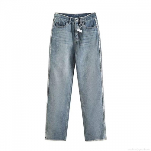 Women's High Waist Straight Leg Jeans Distressed Frayed Raw Hem Polyester Denim Trousers Casual Streetwear Classic Light Blue Long Pants