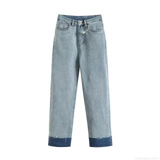 Women's Straight Leg Denim Jeans Contrast Color Cuffed Hem Mid Waist Stretchy Long Pants For Daily Streetwear Women Casual Trousers
