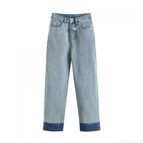 Women's Straight Leg Denim Jeans Contrast Color Cuffed Hem Mid Waist Stretchy Long Pants For Daily Streetwear Women Casual Trousers