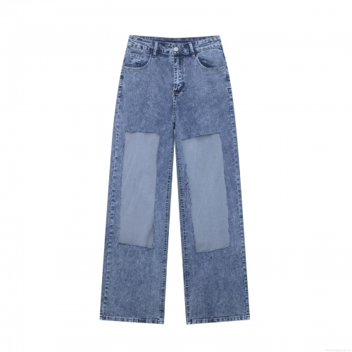 Women's Straight Leg Jeans Mesh Patchwork Mid Waist Denim Pants European American Street Style Summer Polyester Long Trousers For Women