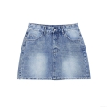 Women's High Waisted Washed Denim Mini Skirt Distressed A-Line Bodycon Jean Skirts For Casual Summer Streetwear