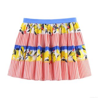 Women Summer Tiered Mini Skirt Lemon Print Striped Patchwork High Waist A-Line Ruffle Skirt Casual Beach Vacation Boho Short Skirt For Ladies