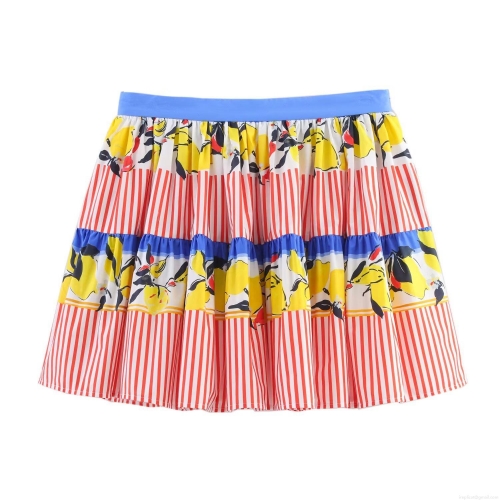 Women Summer Tiered Mini Skirt Lemon Print Striped Patchwork High Waist A-Line Ruffle Skirt Casual Beach Vacation Boho Short Skirt For Ladies