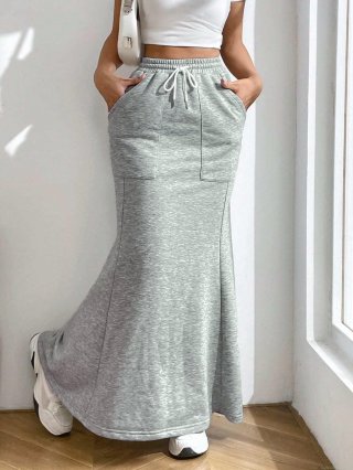 Women's Casual Knit Midi Skirt With Pockets High Waist Drawstring Solid Grey A-Line Elastic Waist Polyester Blend Skirt For Women Daily Office Wear