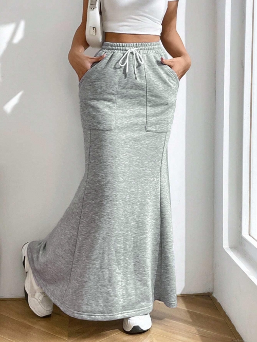 Women's Casual Knit Midi Skirt With Pockets High Waist Drawstring Solid Grey A-Line Elastic Waist Polyester Blend Skirt For Women Daily Office Wear