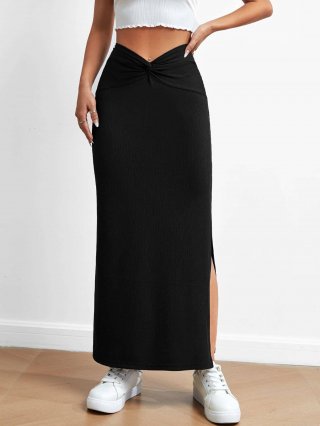 Women's High Waist Side Split Ribbed Knit Maxi Skirt Minimalist Knot Design Viscose Blend Draped Long Pencil Skirt For Casual Office Wear