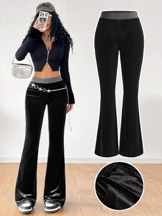 Women's High Waisted Flare Pants Glitter Silver Silk Velvet Trousers Elastic Waist Slim Fit Casual Y2K Style Long Pants For Ladies