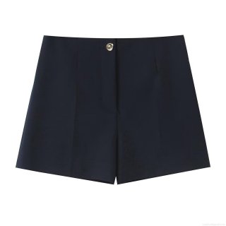 Women Summer Casual Polyester Shorts Low Waist Solid Color Straight Leg Short Pants With Button Street Style Deep Blue Versatile Bottoms For Daily Wear
