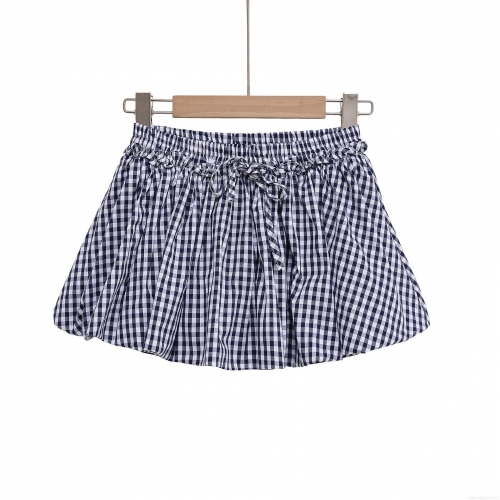 Women's Plaid Mini Skirt Polyester Blended Drawstring Elastic Waist Lace-up Short Skirt Summer Street Style A-line Casual Bottoms for Women