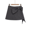 Women's Elegant Dark Grey A-Line Mini Skirt With Large Bow Decoration High Waist Short Skirt Professional Chic Streetwear Skirt For Women