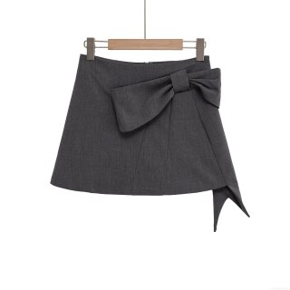 Women's Elegant Dark Grey A-Line Mini Skirt With Large Bow Decoration High Waist Short Skirt Professional Chic Streetwear Skirt For Women