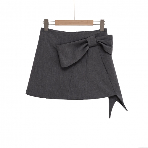 Women's Elegant Dark Grey A-Line Mini Skirt With Large Bow Decoration High Waist Short Skirt Professional Chic Streetwear Skirt For Women