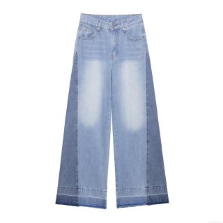 Women's Splicing Wide Leg Jeans Contrast Color Patchwork High Waist Denim Trousers With Frayed Hem Streetwear Casual Loose Pants For Women