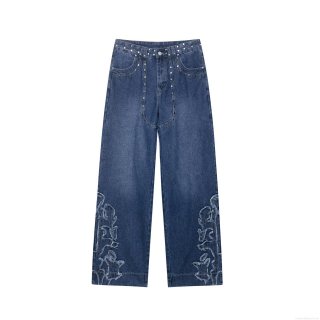 Women's Straight Leg Denim Look Jeans With Metal Studs Flame Star Embroidery Distressed Patchwork Streetwear Retro Dark Blue Low Waist Long Pants