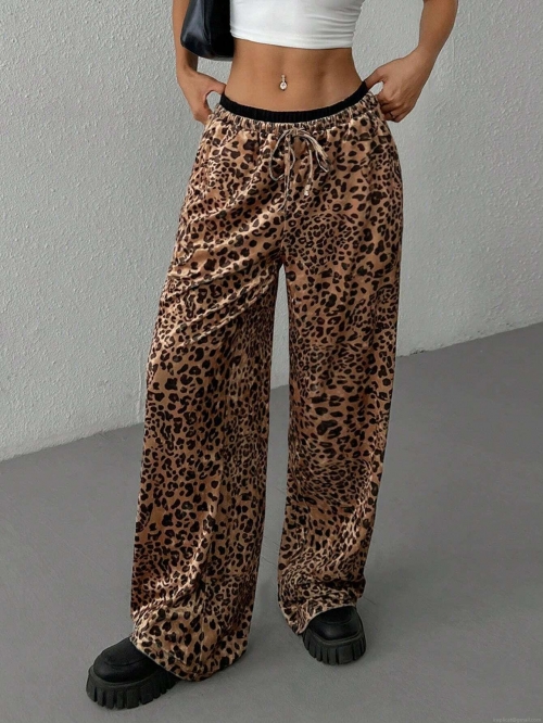 Women's Leopard Print Wide Leg Pants High Waist Drawstring Loose Straight Casual Trousers Polyester Spandex Fashion Streetwear Trousers For Women