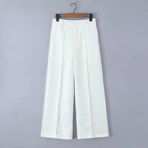 Women's High Waist Wide Leg Pants Elegant Floral Jacquard Polyester Casual Loose Long Trousers for Summer Street Style