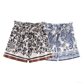 Women's Summer Satin Texture High Waist Shorts Bohemian Paisley Print Paperbag Shorts With Bow Knot Belt For Vacation Beach Casual Wear