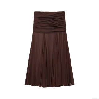 Women's Midi Skirt High Waist Ruched Chiffon Semi-Transparent Panel Design Solid Coffee Brown European Street Style Ladies Summer Fashion Long Skirt