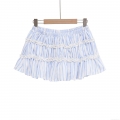 Women's Summer Light Blue Striped Mini Skirt Sweet Lace Patchwork Ruffle Tiered Skirt Elastic High Waist Casual Beach Streetwear For Ladies