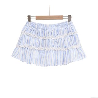 Women's Summer Light Blue Striped Mini Skirt Sweet Lace Patchwork Ruffle Tiered Skirt Elastic High Waist Casual Beach Streetwear For Ladies