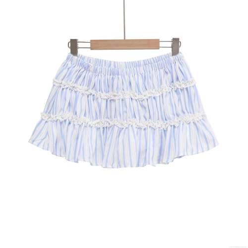 Women's Summer Light Blue Striped Mini Skirt Sweet Lace Patchwork Ruffle Tiered Skirt Elastic High Waist Casual Beach Streetwear For Ladies