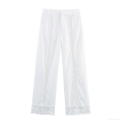 Women's White Lace Hollow Out Wide Leg Pants Bohemian Casual Patchwork Trousers With Elastic Waist For Vacation Summer Streetwear