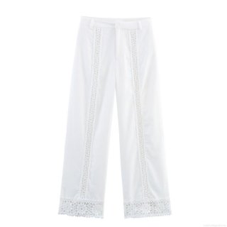 Women's White Lace Hollow Out Wide Leg Pants Bohemian Casual Patchwork Trousers With Elastic Waist For Vacation Summer Streetwear