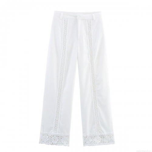 Women's White Lace Hollow Out Wide Leg Pants Bohemian Casual Patchwork Trousers With Elastic Waist For Vacation Summer Streetwear