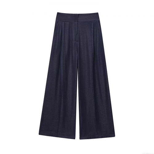 Women's High Waist Wide Leg Trousers Polyester Solid Color Pleated Casual Long Pants Streetwear Loose Fit Bottoms Summer Style