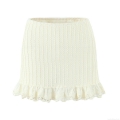 Women Sexy Knit Plisse Bodycon Mini Skirt With Lace Trim Polyester High Waist Elastic Summer Solid Beige Streetwear Bottoms