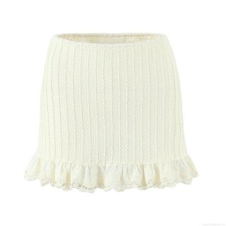 Women Sexy Knit Plisse Bodycon Mini Skirt With Lace Trim Polyester High Waist Elastic Summer Solid Beige Streetwear Bottoms