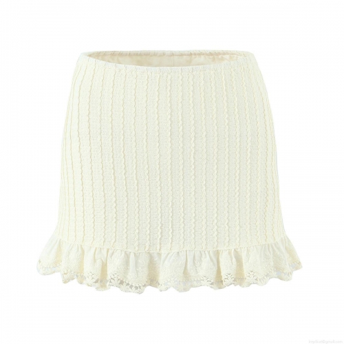 Women Sexy Knit Plisse Bodycon Mini Skirt With Lace Trim Polyester High Waist Elastic Summer Solid Beige Streetwear Bottoms