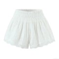 Women White Lace Embroidered Shorts Elastic Waist Hollow Out Floral Splicing Straight Leg Shorts For Beach Vacation Summer Casual Bottoms