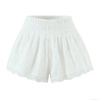 Women White Lace Embroidered Shorts Elastic Waist Hollow Out Floral Splicing Straight Leg Shorts For Beach Vacation Summer Casual Bottoms