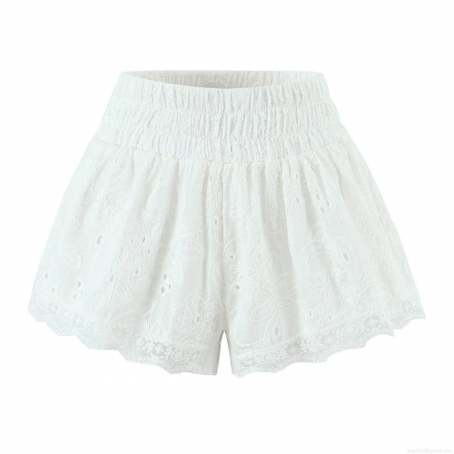 Women White Lace Embroidered Shorts Elastic Waist Hollow Out Floral Splicing Straight Leg Shorts For Beach Vacation Summer Casual Bottoms