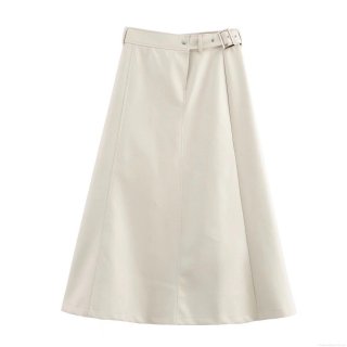 Women's High Waist PU Leather Midi Skirt With Belt Solid Color Faux Leather A-Line Skirt Streetwear Work Office Outfit 100% Polyester