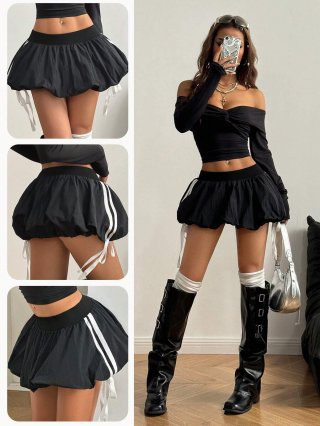 Women's Y2K Spicy Girl Black Mini Bubble Skirt Striped Contrast High Waist Drawstring Puff Hem Polyester Nylon Short Skirt Streetwear Fashion