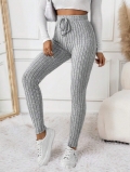 Women's High Waisted Ribbed Knit Polyester Spandex Casual Pants Slim Fit Solid Grey Elastic Waist Drawstring Leggings For Daily Autumn Winter