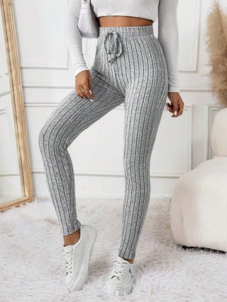 Women's High Waisted Ribbed Knit Polyester Spandex Casual Pants Slim Fit Solid Grey Elastic Waist Drawstring Leggings For Daily Autumn Winter