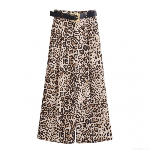 Women Leopard Print Wide Leg Pants With Belt Satin Polyester Casual Mid Waist Long Trousers Streetwear Animal Print Fashion Trousers For Women