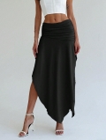 Women's Elegant Ruched High Waist Irregular Midi Skirt 100% Polyester Solid Black Asymmetrical Hem Skirt For Office Commute Party Intellectual Style