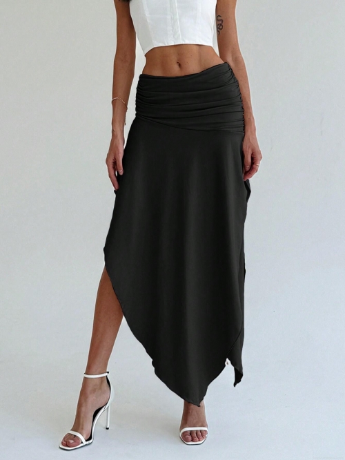Women's Elegant Ruched High Waist Irregular Midi Skirt 100% Polyester Solid Black Asymmetrical Hem Skirt For Office Commute Party Intellectual Style