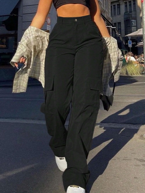 Women's High Waist Cargo Pants Multi-Pockets 100% Polyester Loose Wide Leg Streetwear Trousers Casual Fashion Long Pants for Women Daily Wear